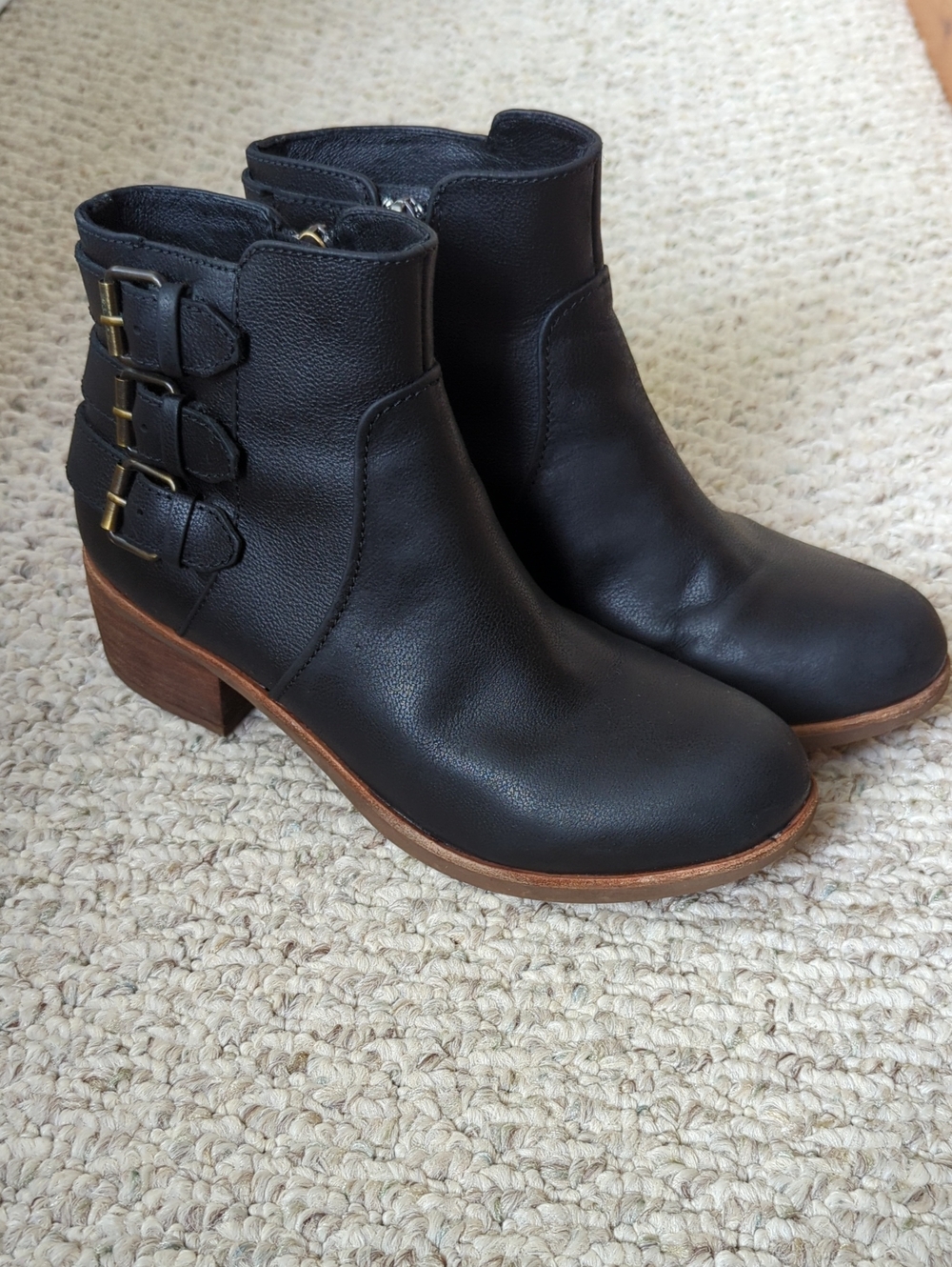UGG Black Leather Ankle Booties with Triple Buckle Side Detail